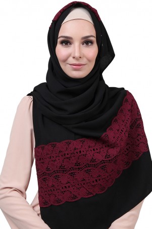 Lenia Lace Rectangle Headscarf - Black/Plum