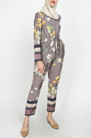 Zanny Front Button Jumpsuit - Grey Brown Floral