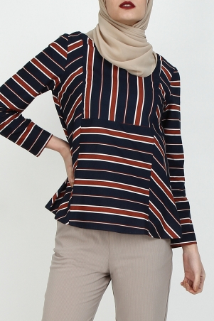 Rubee Flared Panel Blouse - Navy/Brown Stripe