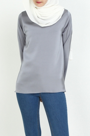 Tanis The Satin High-neck Blouse - Blue Grey
