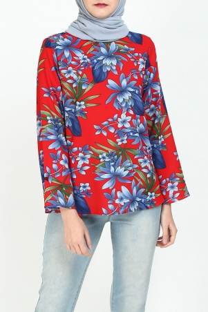 Cara Flared Blouse - Red/Blue Flower