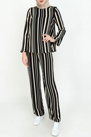 Jaika Straight Cut Pants - Black/Beige Stripes
