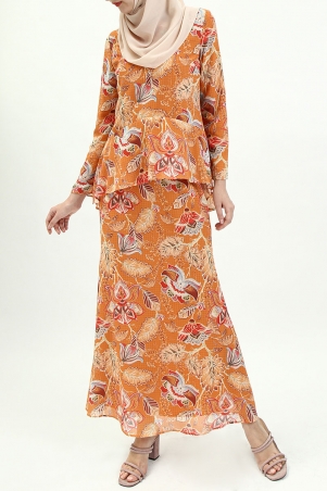 Mahdya Blouse & Skirt - Orange Floral Check