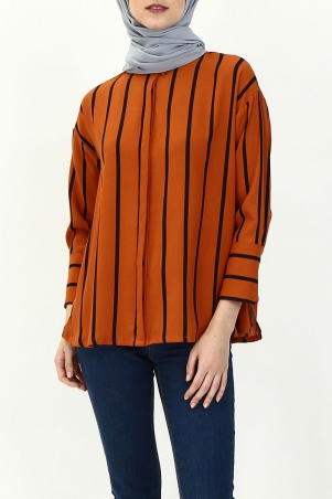 Nana Drop Shoulder Shirt - Caramel/Navy Stripe