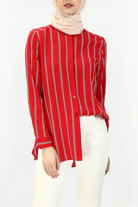 Valletta Front Button Shirt - Red/Black Stripe