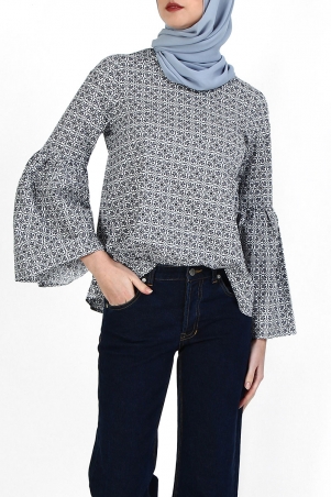 Chinami Bell Sleeve Blouse - Navy Tiles Print