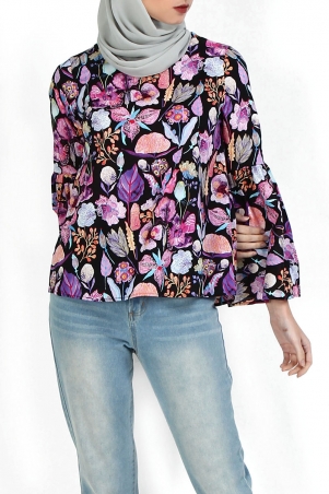 Chinami Bell Sleeve Blouse - Black Floral