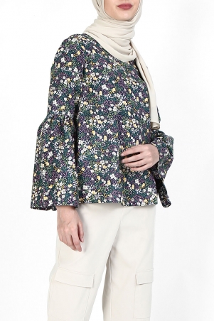 Chinami Bell Sleeve Blouse - Navy Floral