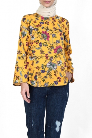 Cara Flared Blouse - Yellow Pink Floral