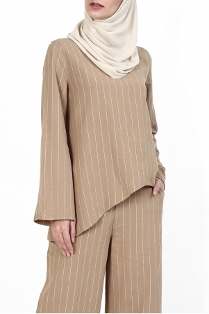 Lanita Asymmetrical Blouse - Tan/White Stripe