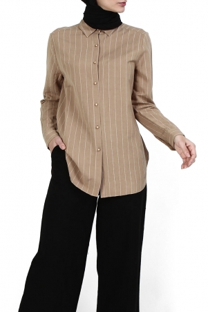 Tayma Front Button Shirt - Tan/White Stripe