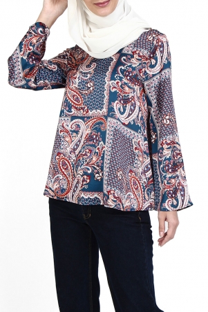 Cara Flared Blouse - Teal Red Paisley