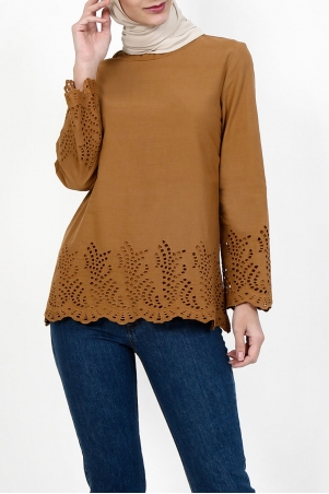 Baylee Embroidered Eyelet Lace Blouse - Ginger Brown