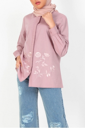 Cydelle Embroidered Front Button Shirt - Dusty Pink