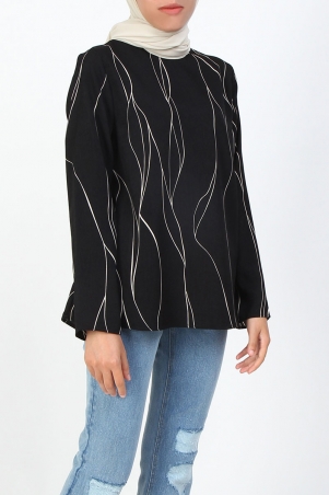 Ivonne Flared High Neck Blouse - Black Beige Abstract