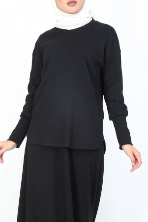 Jordyn Waffle Knit Blouse - Black