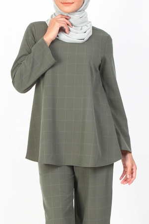 Manion Flared Blouse - Olive Check