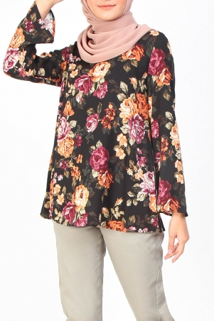 Manion Flared Blouse - Black/Brown Floral