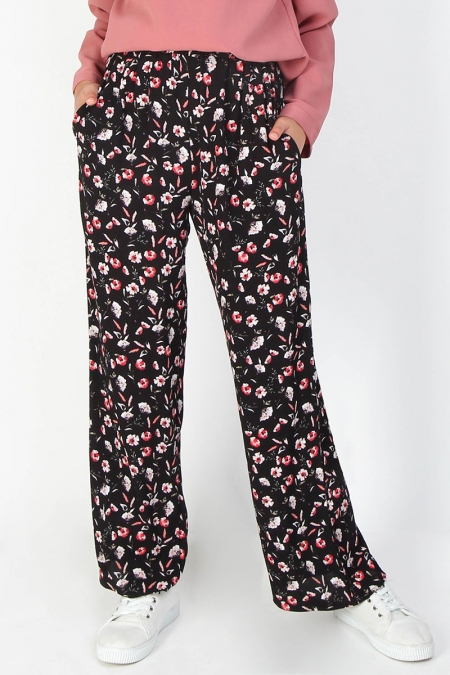 Sharmae Straight Cut Pants - Black/Peach Floral