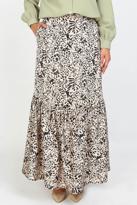 Daiya Gathered Hem Skirt - Beige Leopard Print