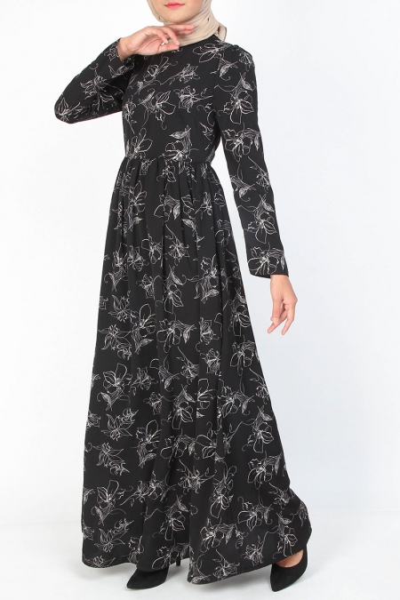 Elaine Gathered Waist Maxi Dress - Black Print