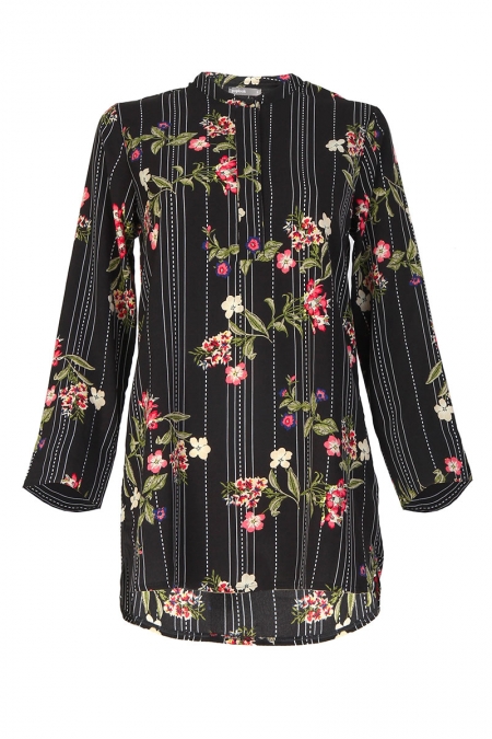 Gurveen Henley Tunic - Black Stripe Flora