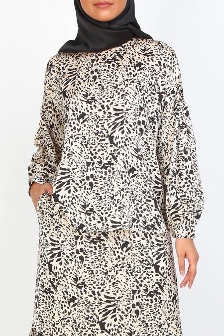 Zaliki Drop Shoulder Blouse - Beige Leopard Print