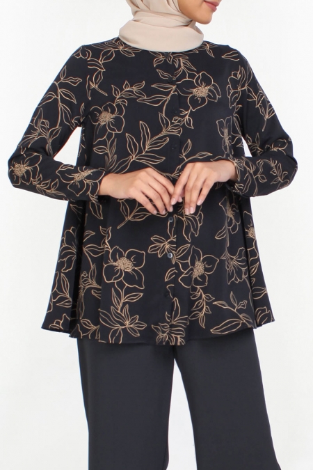 Yumna Front Button Flared Tunic - Black/Gold Floral