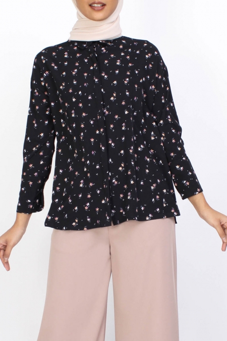 Nana Drop Shoulder Shirt - Black Mini Floral