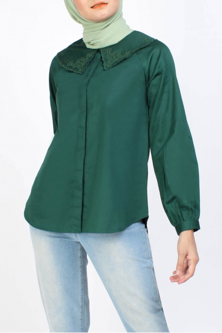 Ellarie Front Button Blouse - Dark Green