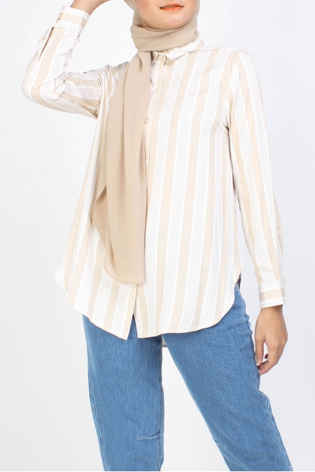 Valletta Front Button Shirt - Beige/Cream Stripe