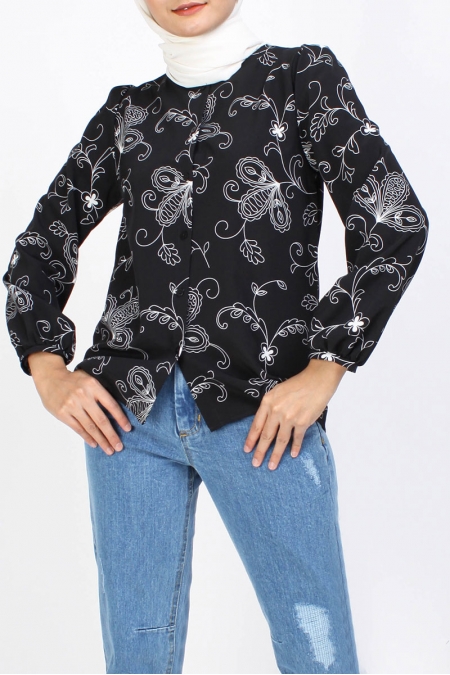 Dajana Front Button Blouse - Black/White Sketches
