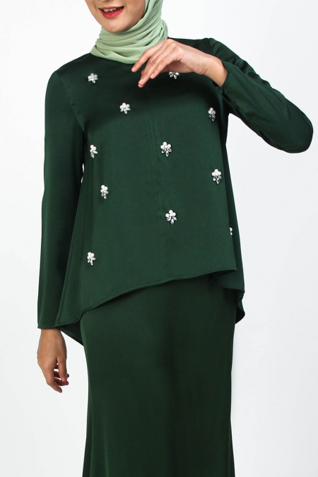 Juline Embellished Zip-Front Blouse - Dark Green