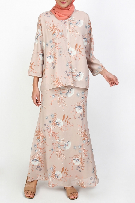Marjia Blouse & Skirt - Beige Grey Floral