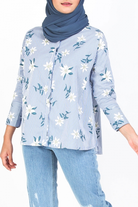 Nana Drop Shoulder Shirt - Light Blue Stripe Flora