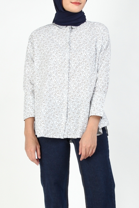 Nana Drop Shoulder Shirt - White/Olive Mini Flower