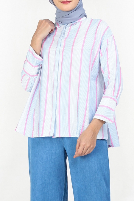 Nana Drop Shoulder Shirt - Light Blue/Pink Stripe