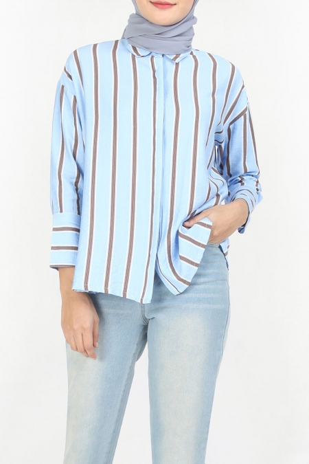 Nana Drop Shoulder Shirt - Sky Blue Stripe