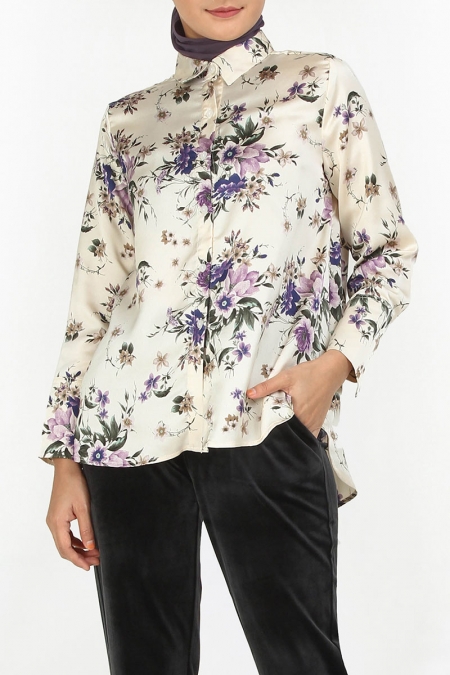 Itzayana Front Button Shirt - Beige/Purple Floral