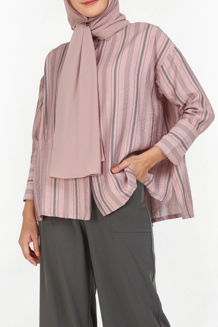 Nana Drop Shoulder Shirt - Dusty Pink/Grey Stripe