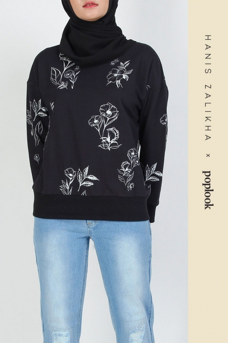Hazyl Drop Shoulder Sweater - Black/Cream Floral