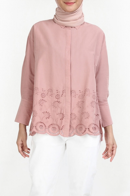 Carrera Front Button Eyelet Lace Shirt - Dusty Coral