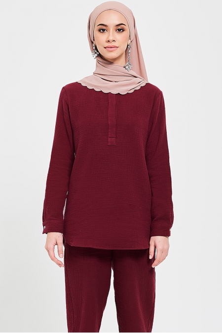 Haidence The Henley Popover Blouse - Maroon
