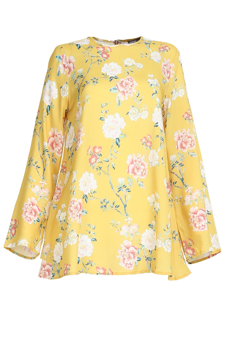 Manion Flared Blouse - Yellow Peony Flower - Poplook.com