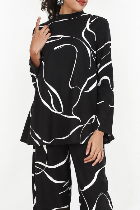 Teaha Flared High Neck Blouse - Black Lines