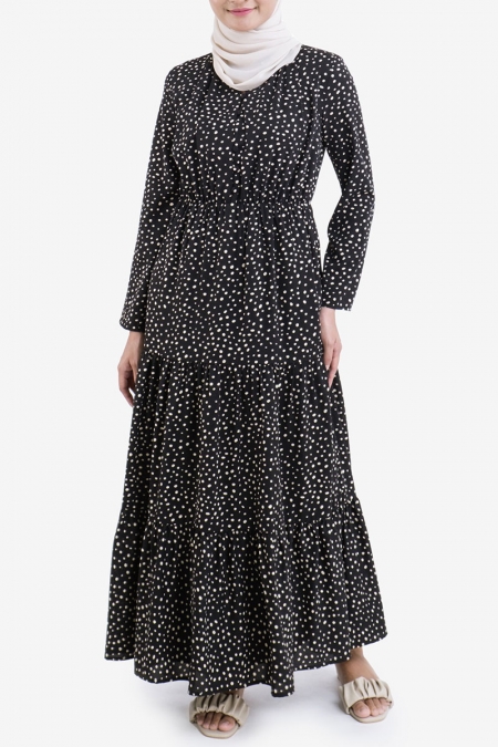 Lakita Gathered Tier Maxi Dress - Black Dot