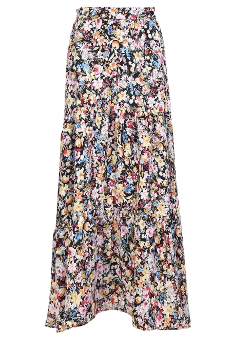 Neysa Gathered Tier Maxi Skirt - Black Multi Floral