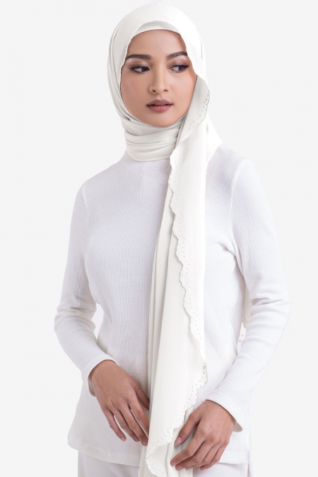 Ruvel Embroidered Scallop Headscarf - Off White