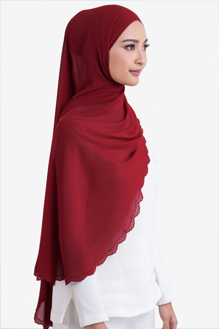 Ruvel Embroidered Scallop Headscarf - Deep Red