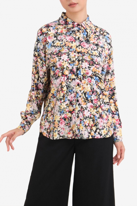 Catharina Front Button Blouse - Black Multi Floral